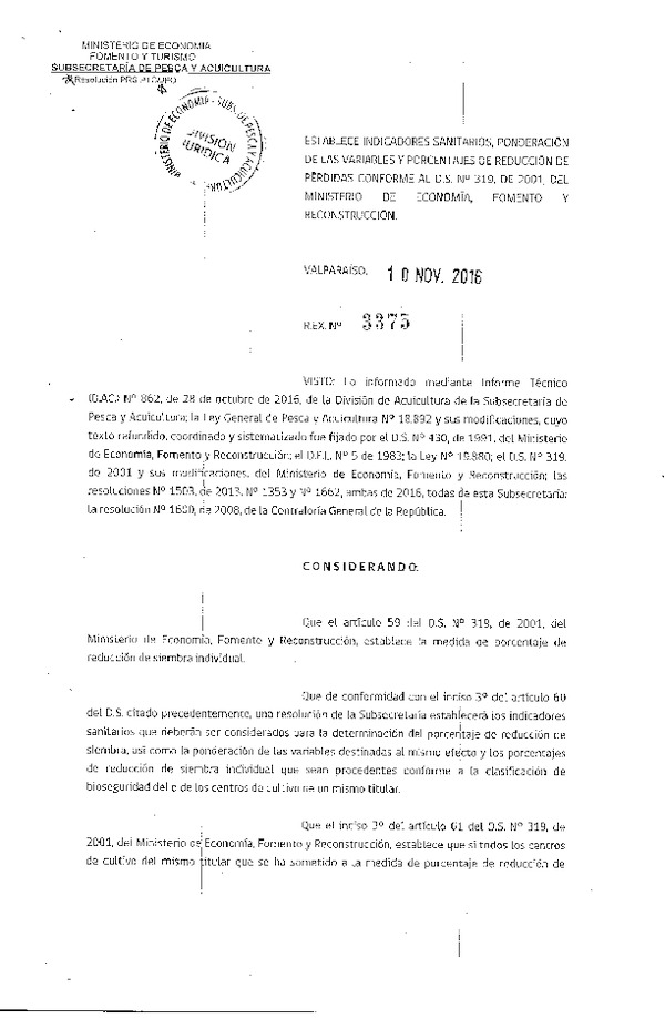 Res. Ex. N° 3375-2016 Establece Indicadores Sanitarios, Ponderación de las Variables y Porcentajes de Reducción de Pérdidas Conforme al D.S. N° 319-2001. (Publicado en Página Web 14-11-2016)