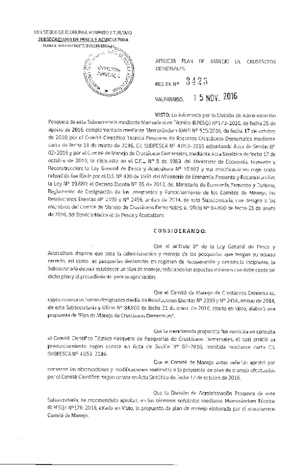 Res. Ex. N° 3423-2016 Aprueba Plan de Manejo de Crustáceos Demersales. (Publicado en Página Web 15-11-2016)