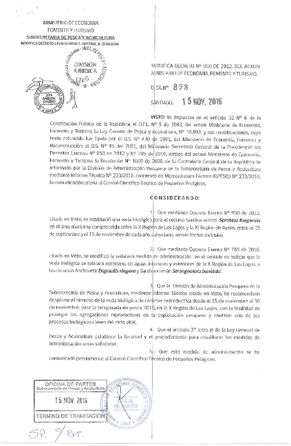 Dec. Ex. N° 898-2016 Modifica Dec. Ex. N° 950-2012 Veda Biológica Recursos Sardina Austral, Anchoveta y Sardina Común, X-XI Región. (Publicado en Página Web 15-11-2016)