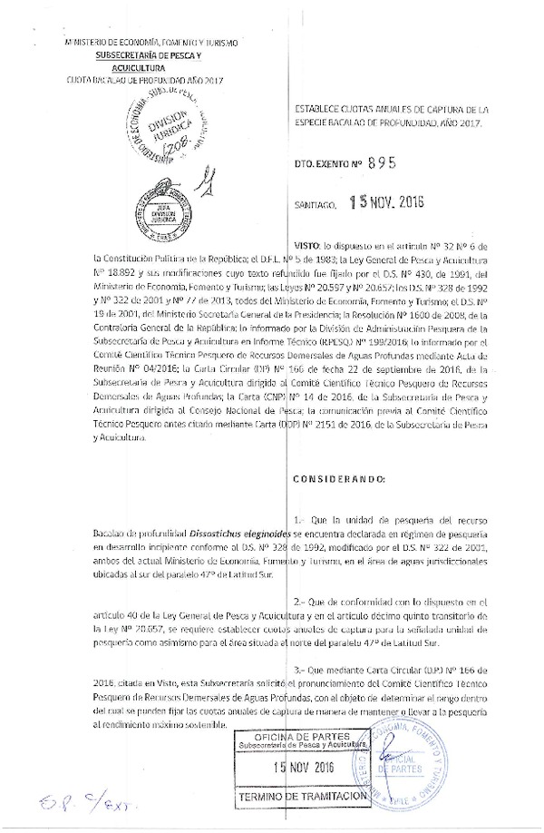 Dec. Ex. Nº 895-2016, Establece Cuota Anual de Captura Recurso Bacalao de Profundidad a Nivel Nacional, Año 2017. (Publicado en Página Web 16-11-2016)