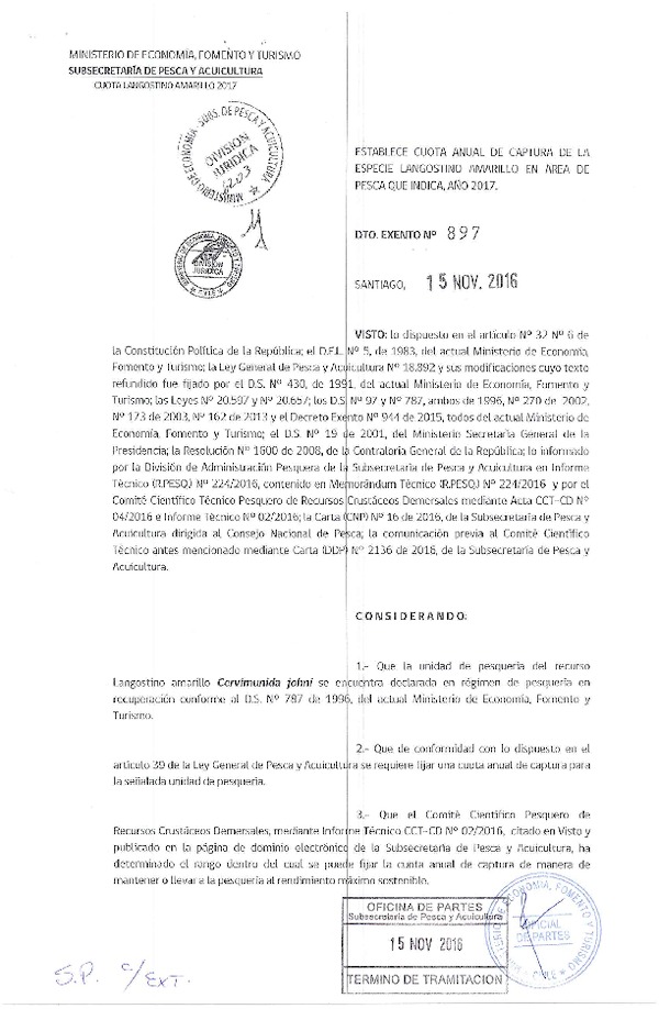 Dec. Ex. N° 897-2016 Establece Cuota Anual de Captura de la Especie Langostino Amarillo, V-VIII regiones, Año 2017. (Publicado en Página Web 16-11-2016)