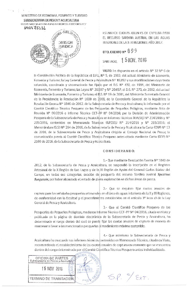 Dec. Ex. N° 899-2016 Establece Cuotas Anuales de Captura, Recurso Sardina Austral, Aguas interiores de la X-XI Regiones, Año 2017. (Publicado en Página Web 16-11-2016)