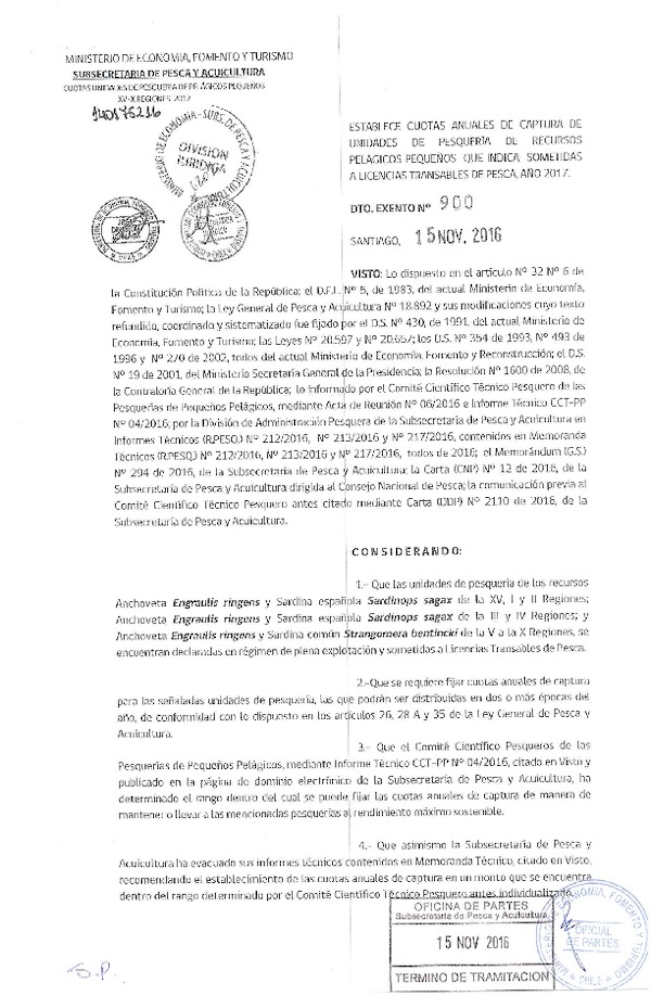  Dec. Ex. N° 900-2016 Establece Cuotas Anuales de Captura de Unidades de Pesquería de Recursos Pelágicos Pequeños que Indica, Sometidas a Licencias Transables de Pesca, Año 2017. (Publicado en Página Web 16-11-2016)