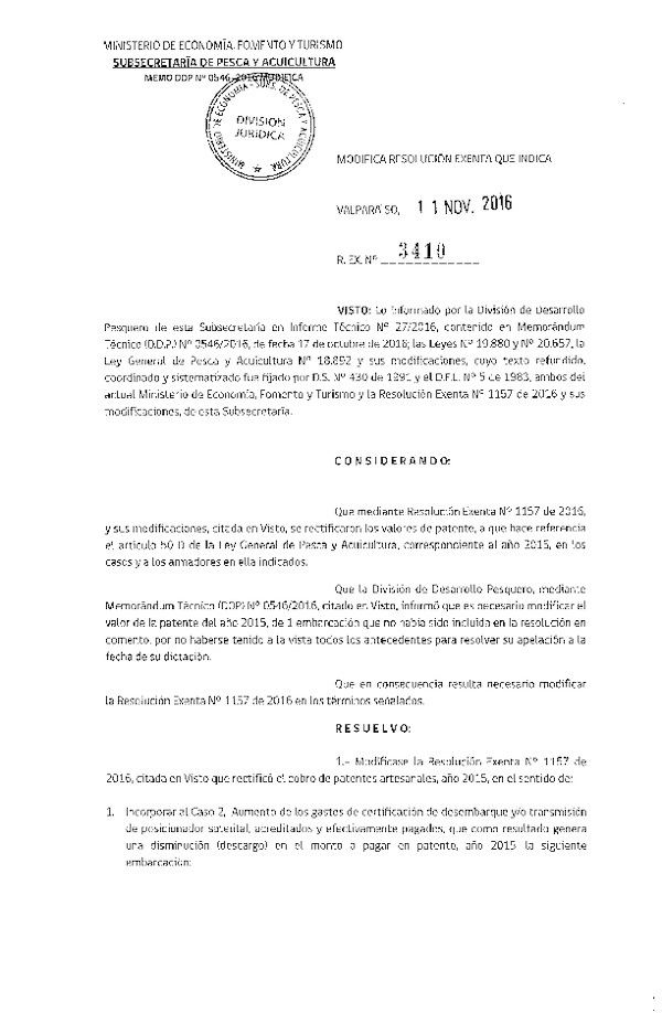 Res. Ex. N° 3410-2016 Modifica Res. Ex. N° 1157-2016 Rectifica Cobros de Patentes Artesanales Año 2015.