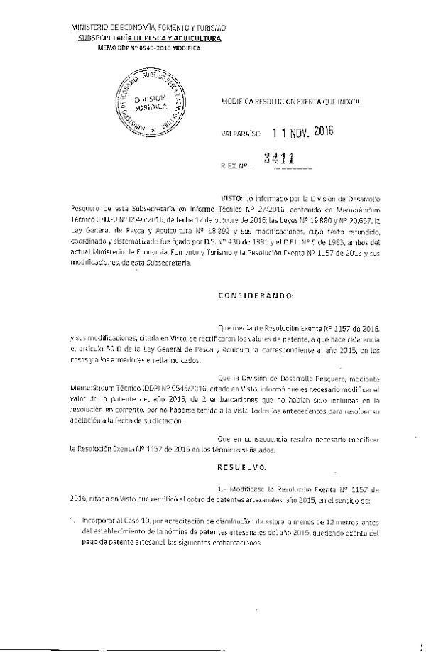 Res. Ex. N° 3411-2016 Modifica Res. Ex. N° 1157-2016 Rectifica Cobros de Patentes Artesanales Año 2015.