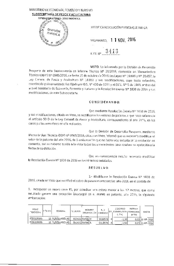 Res. Ex. N° 3413-2016 Modifica Res. Ex. N° 1838-2016 Rectifica Cobros de Patentes Año 2016 a Armadores que Indica.