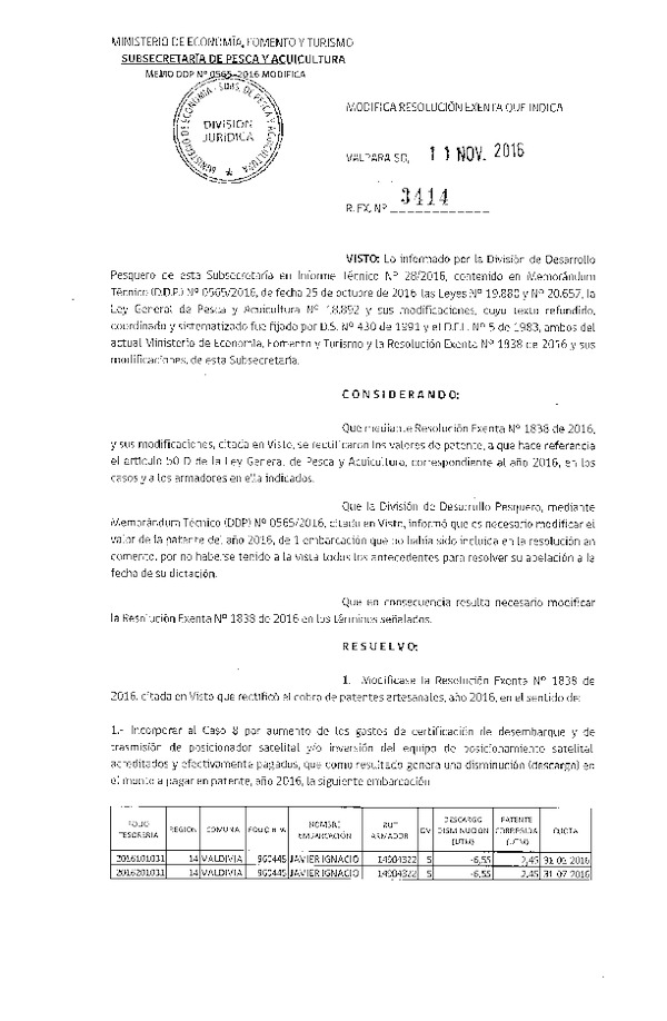 Res. Ex. N° 3414-2016 Modifica Res. Ex. N° 1838-2016 Rectifica Cobros de Patentes Año 2016 a Armadores que Indica.