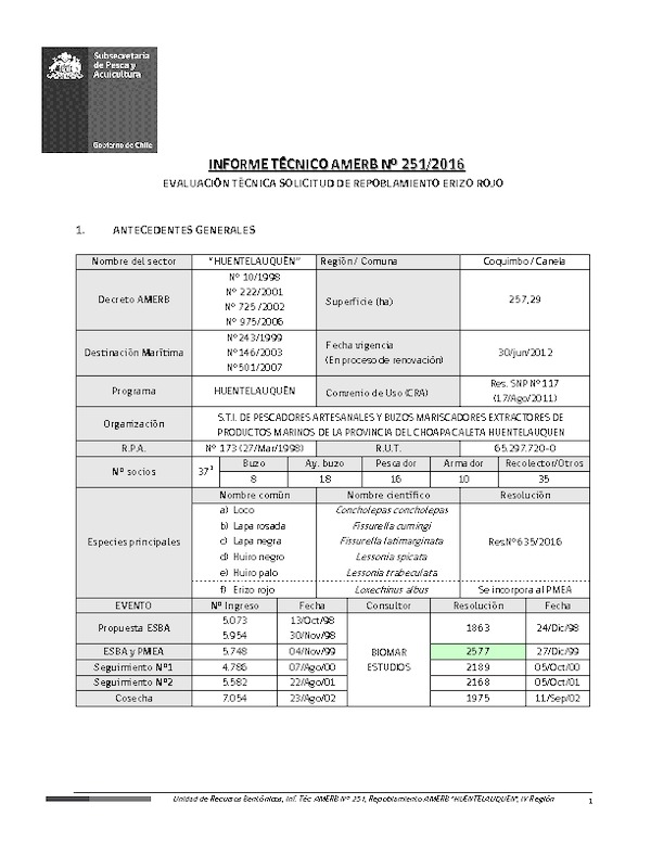 Informe Técnico Amerb 251-2016 Evaluación técnica repoblamiento erizo rojo.