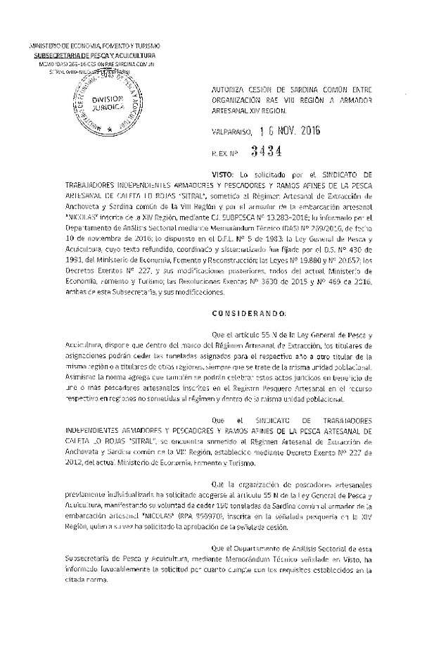 Res. Ex. N° 3434-2016 Autoriza Cesión sardina común, VIII a XIV Región.