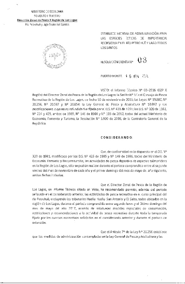 Res. Ex. N° 03-2016 (DZP X) Establece Medidas de Administración para Especies Ícticas de Importancia Recreativa en el Rio Petrohué y Lago Todos Los santos. (Publicado en Página Web 18-11-2016)