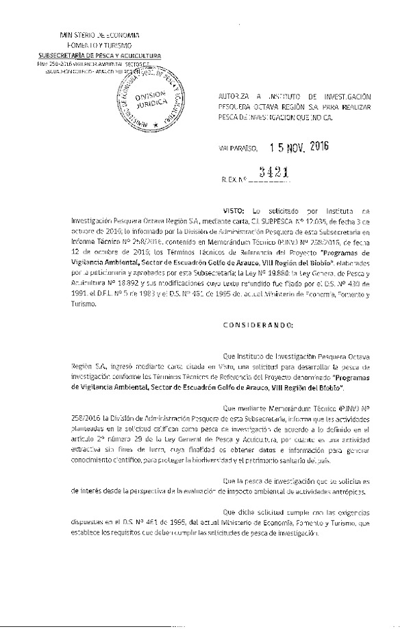 Res. Ex. N° 3421-2016 Programa ambiental sector de escuadrón Golfo de Arauco, VIII Región.