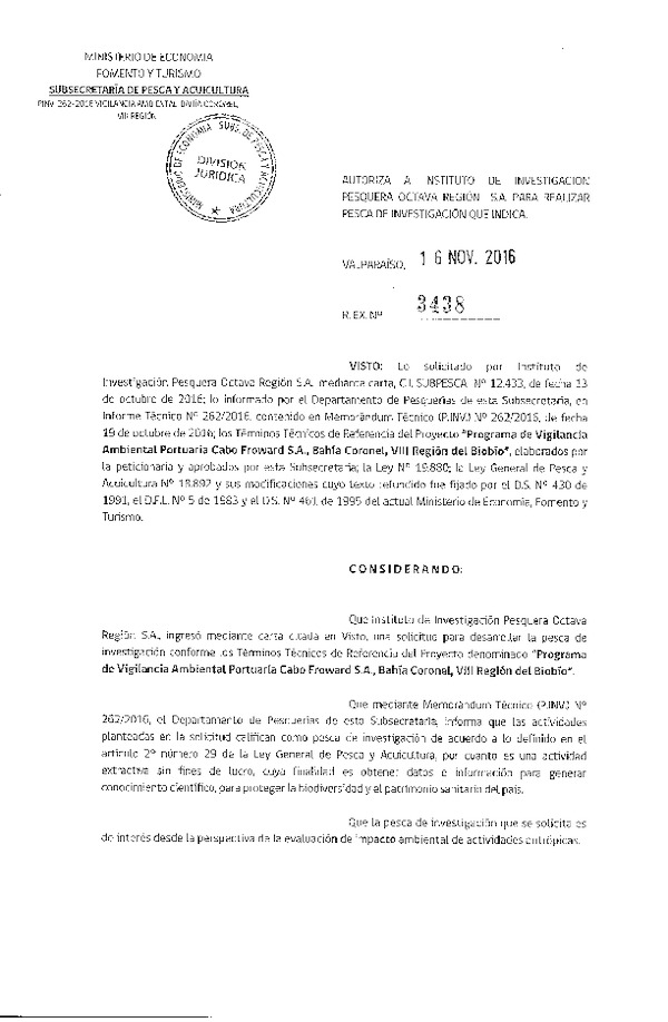 Res. Ex. N° 3438-2016 Programa de vigilancia ambiental portuaria Cabo Froward S.A. VIII Región.