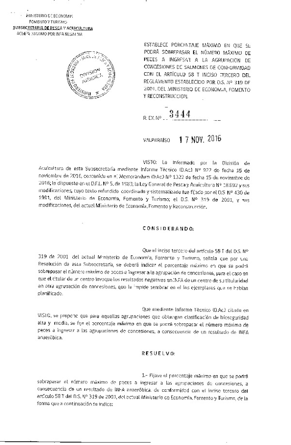 Res. Ex. N° 3444-2016 Establece porcentaje máximo en que podrá sobrepasar en número máximo de peces a ingresar a la agrupación de concesiones.