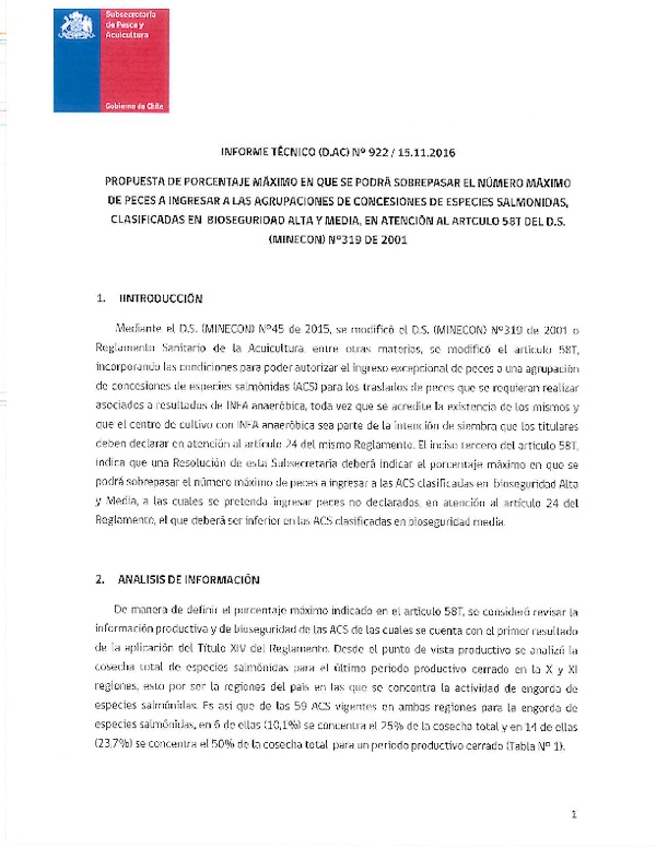 Informe Técnico (D.AC) N° 922-2016 Propuesta de porcentaje máximo en que se podrá sobrepasar el número máximo De peces a ingresar a las agrupaciones de concesiones de especies salmónidas, Clasificadas en bioseguridad alta y media, en atención al artículo 58 T del D.S. (Minecon) N°319 de 2001.