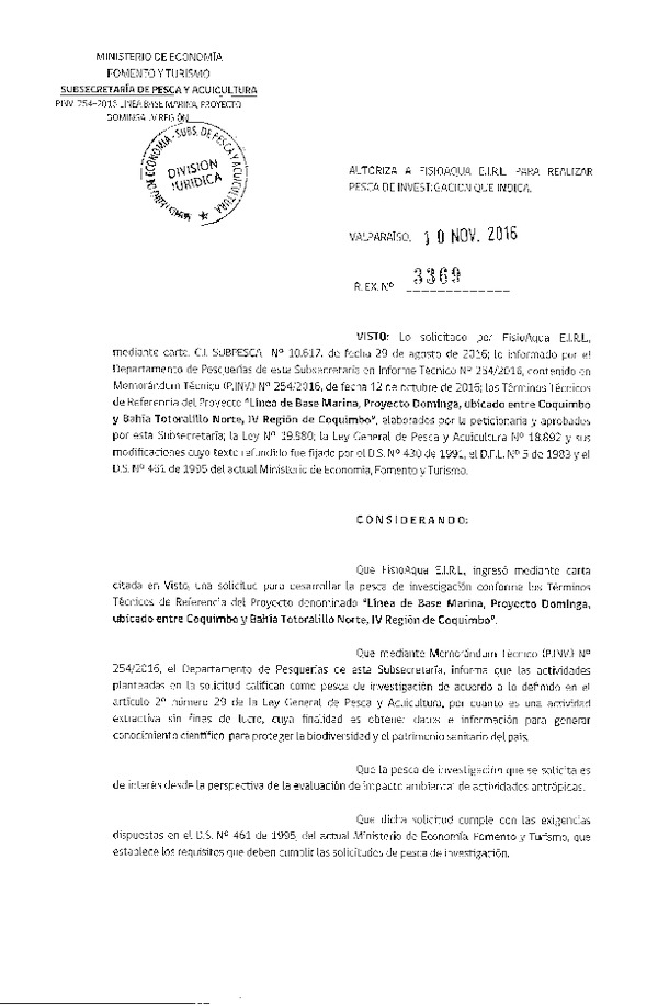 Res. Ex. N° 3369-2016 Línea de base marina entre Coquimbo y Bahía Totoralillo Norte, IV Región.