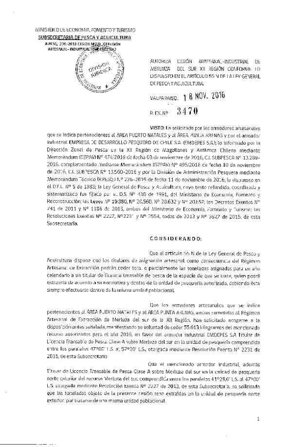 Res. Ex. N° 3470-2016 Autoriza cesión Merluza del Sur, XII Región.