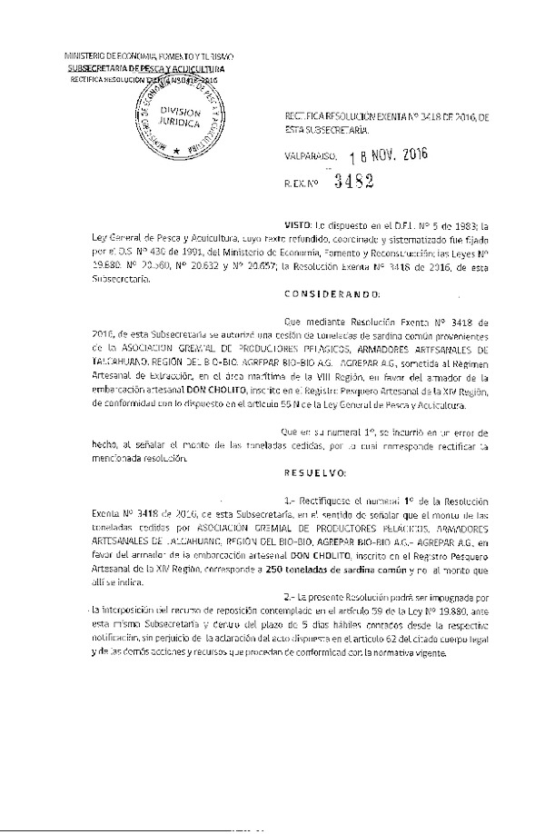 Res. Ex. N° 3482-2016 Rectifica Res. Ex. N° 3418-2016 Autoriza Cesión sardina común, VIII a XIV Región.
