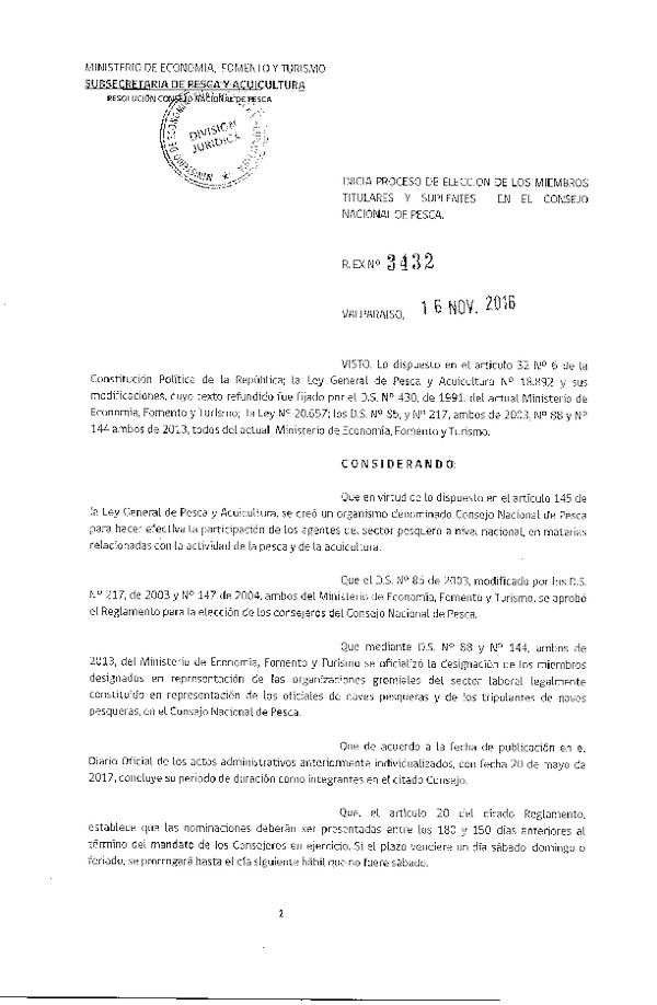 Res. Ex. N° 3432-2016 Inicia Proceso de Elección de los Miembros Titulares y Suplentes en el Consejo Nacional de Pesca. (F.D.O. 22-11-2016)