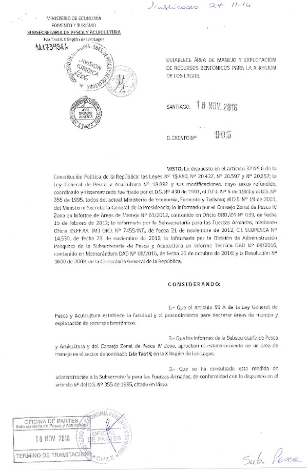 Dec. Ex. N° 905-2016 Establece Áreas de Manejo y Explotación de Recursos Bentónicos Isla Tautil, X Región.