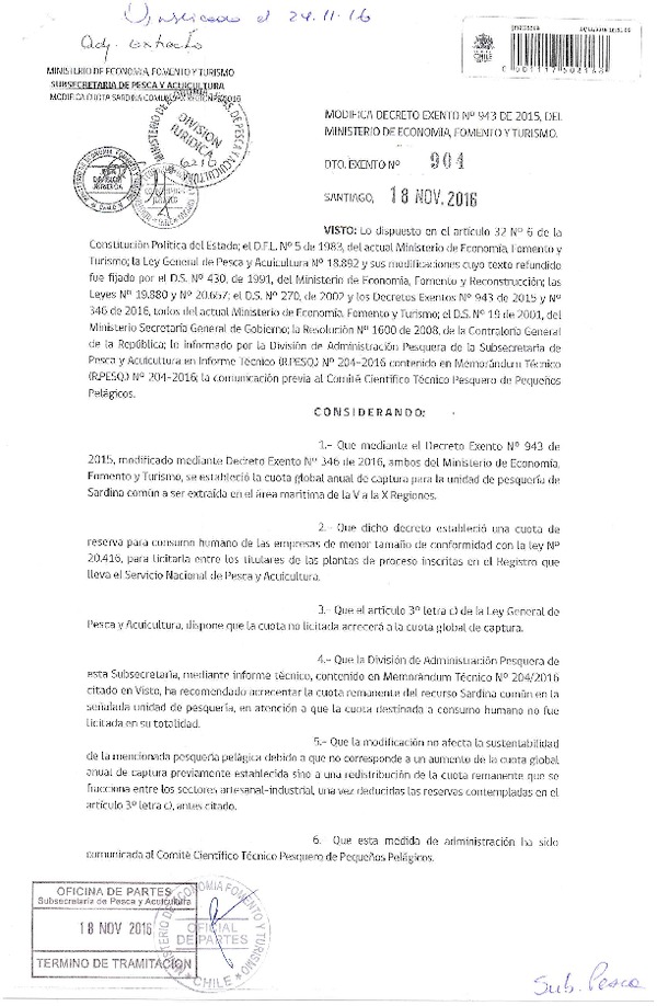 Dec. Ex. N° 904-2016 Modifica Dec. Ex. N° 943-2015 Establece Cuotas Anuales de Captura de Unidades de¨Pesquería de Recursos Pelágicos, Anchoveta y Sardina Común, Año 2016, V-X Región. (Publicado en Página Web 22-11-2016)