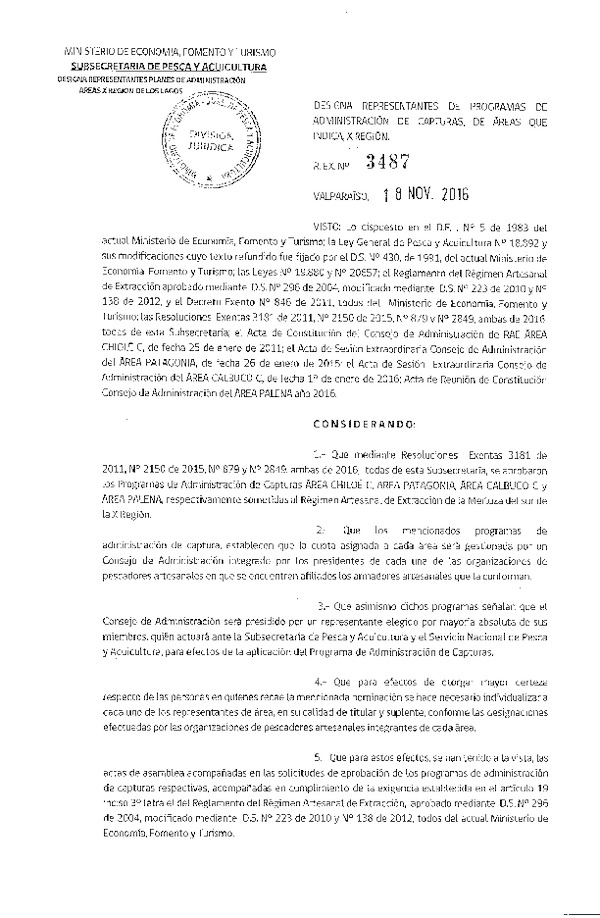 Res. Ex. N° 3487-2016 Designa Representantes de Programas de Administración de Capturas de Áreas que Indica, X Región.