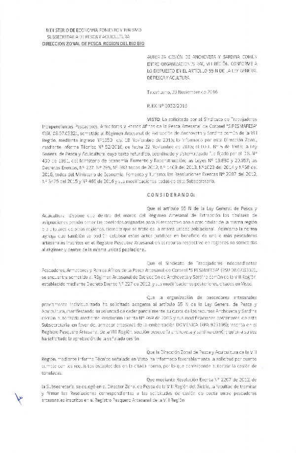 Res. Ex. N° 52-2016 (DZP VIII) Autoriza Cesion Anchoveta y Sardina Común, VIII Región.