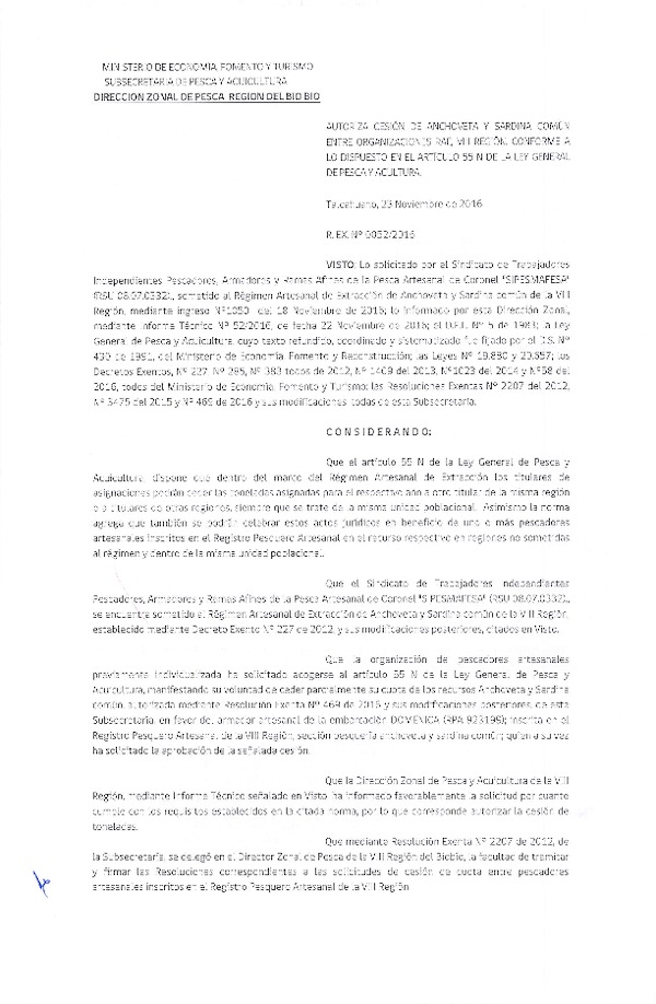 Res. Ex. N° 52-2016 (DZP VIII) Autoriza Cesion Anchoveta y Sardina Común, VIII Región.