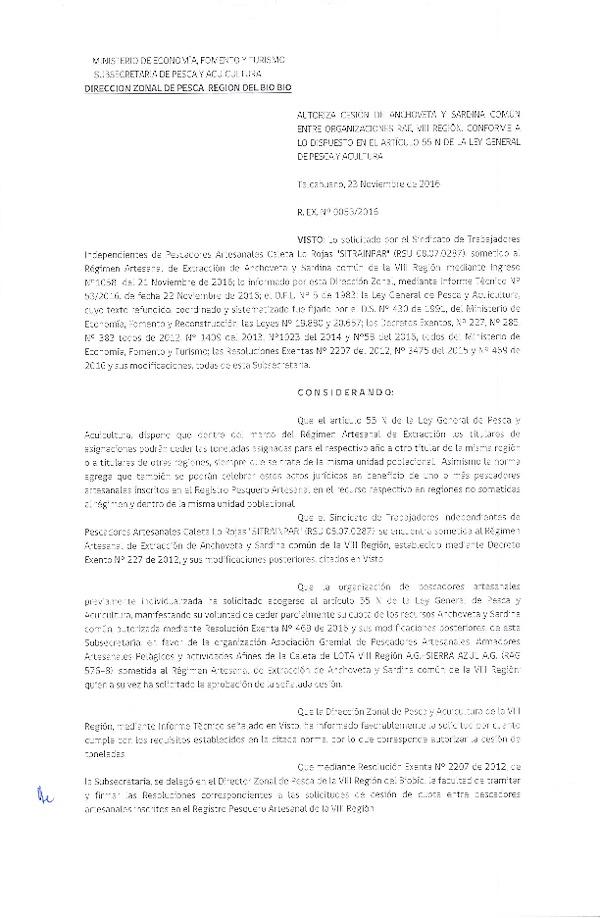 Res. Ex. N° 53-2016 (DZP VIII) Autoriza Cesion Anchoveta y Sardina Común, VIII Región