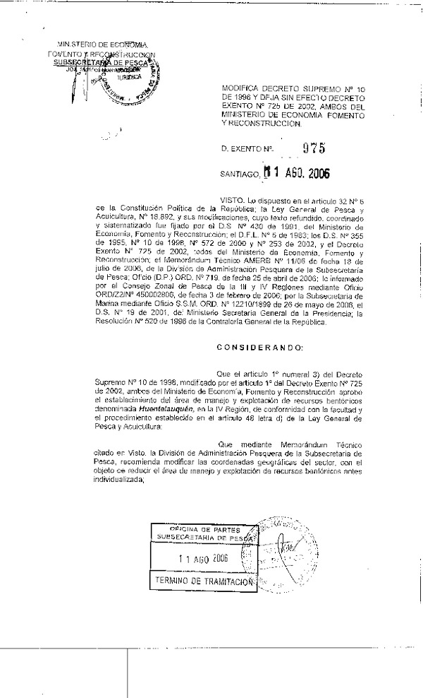 Dec. Ex. N° 975-2006 Modifica D.S. N° 10-1998. Huentelauquén, IV Región.