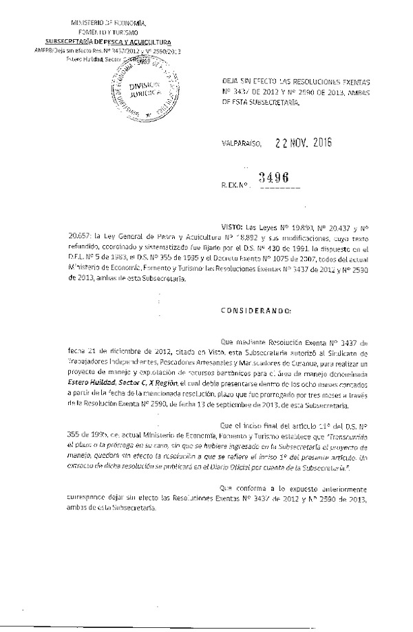 Res. Ex. N° 3496-2016 Deja sin Efecto Res. Ex. N° 3437-2012 y N° 2590-2013.