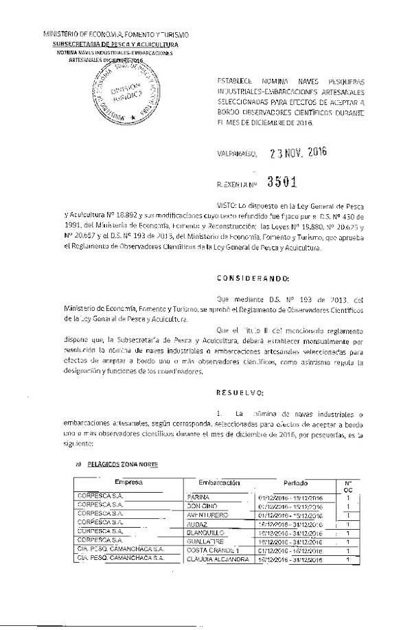 Res. Ex. Nº 3501-2016 Naves mes de Diciembre de 2016.