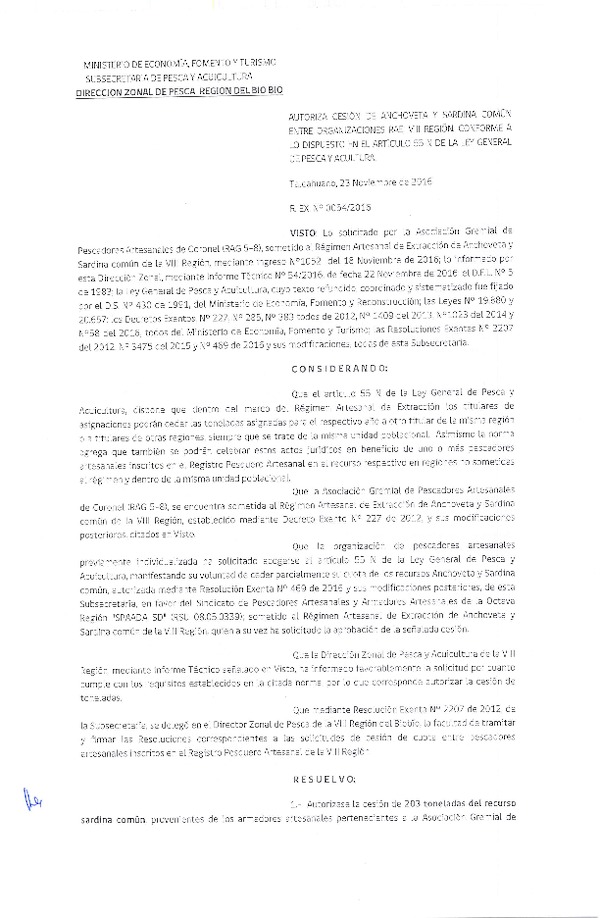 Res. Ex. N° 54-2016 (DZP VIII) Autoriza Cesion Anchoveta y Sardina Común, VIII Región