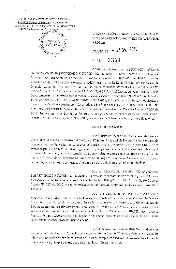 Res. Ex. N° 3331-2016 Autoriza Cesión Anchoveta y Sardina común, VIII a IX Región.
