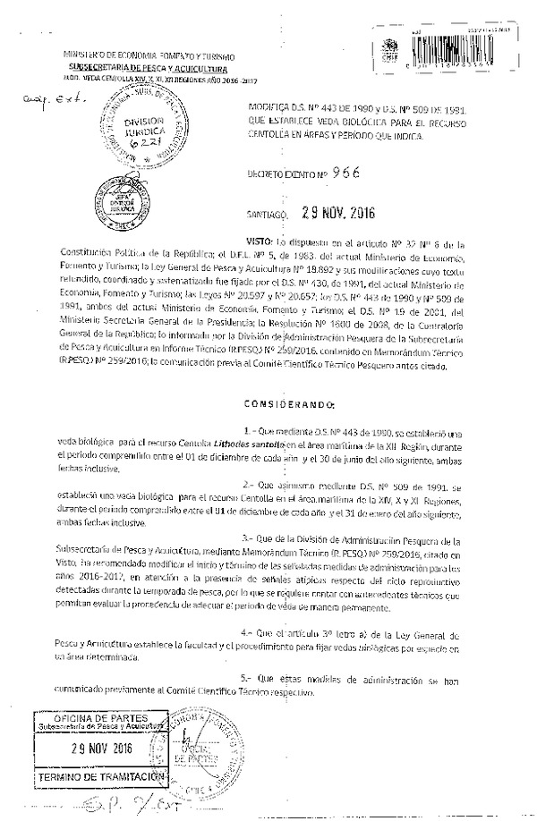 Dec. Ex. N° 966-2016 Modfica D.S. N° 443-1990 y N° 509-1991, Veda Biológica Recurso Centolla, XIV, X, XI y XII Región. (Publicado en Página Web 29-11-2016)