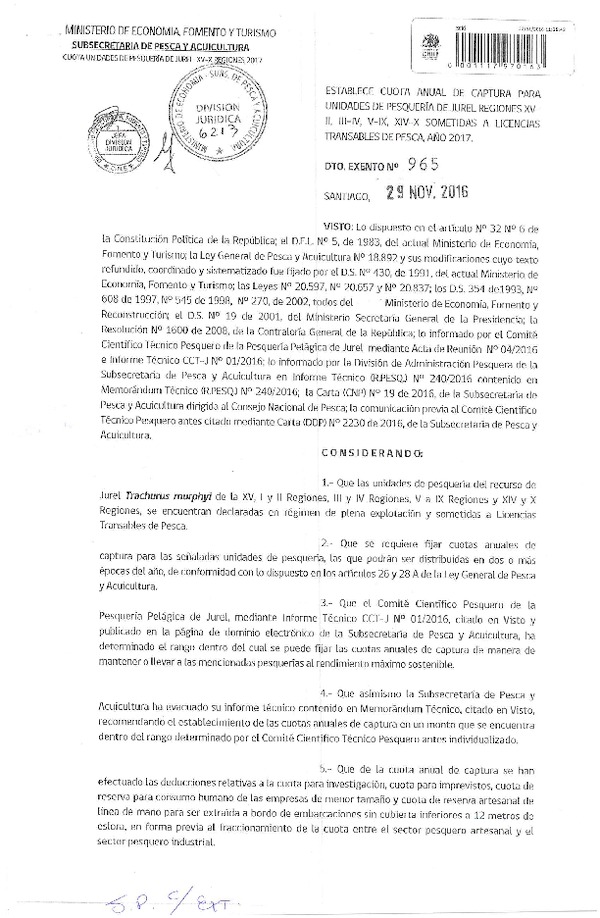 Dec. Ex. N° 965-2016 Establece Cuota Anual de Captura para Unidades de Pesquería de Jurel XV-II, III-IV, V-IX y XIV-X, Sometidas a Licencias Transables de Pesca Año 2017. (Publicado en Página Web 29-11-2016)