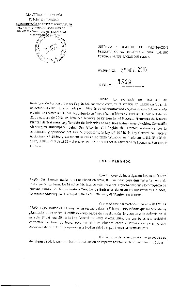 Res. Ex. N° 3529-2016 Proyecto de tratamiento y tendido de emisarios de residuos, VIII Región.