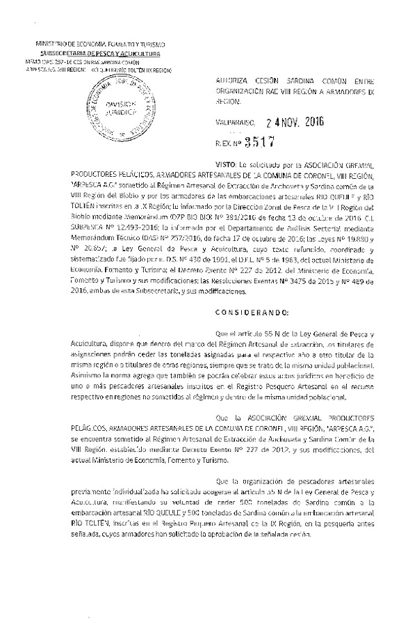 Res. Ex. N° 3517-2016 Autoriza Cesión sardina común, VIII a IX Región.