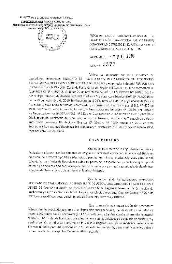 Res. Ex. N° 3577-2016 Autoriza Cesión Sardina común, VIII Región.