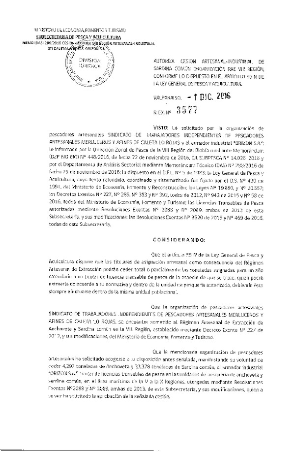 Res. Ex. N° 3577-2016 Autoriza Cesión Sardina común, VIII Región.