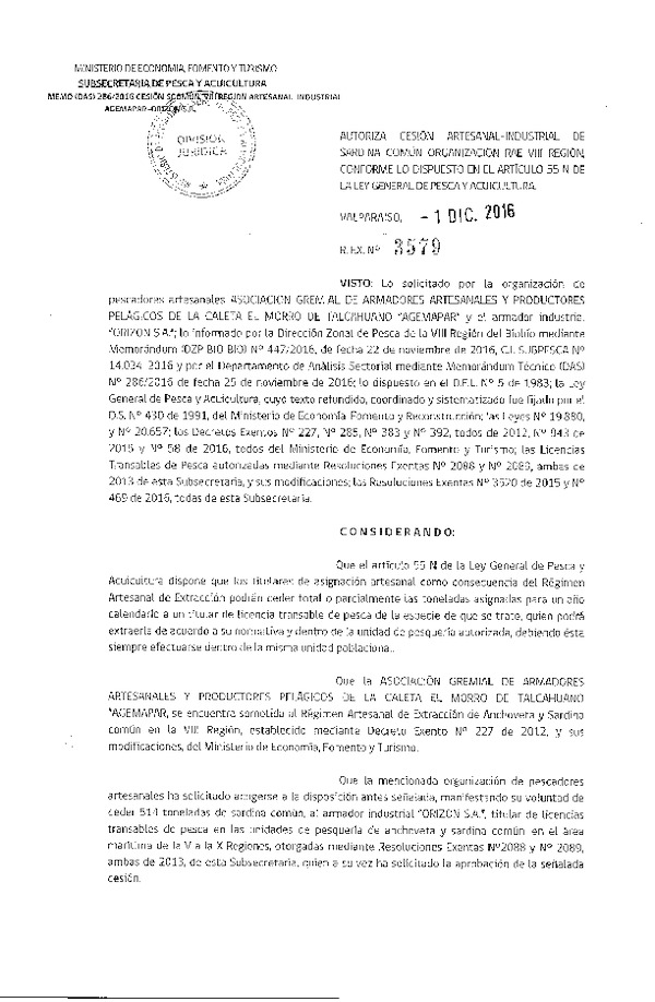 Res. Ex. N° 3579-2016 Autoriza Cesión Sardina común, VIII Región.