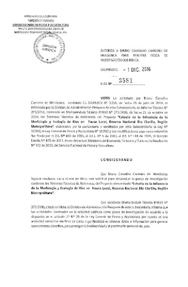 Res. Ex. N° 3581-2016 Estudio de influencia, Reserva Nacional Rio Clarillo, Región Metropolitama.