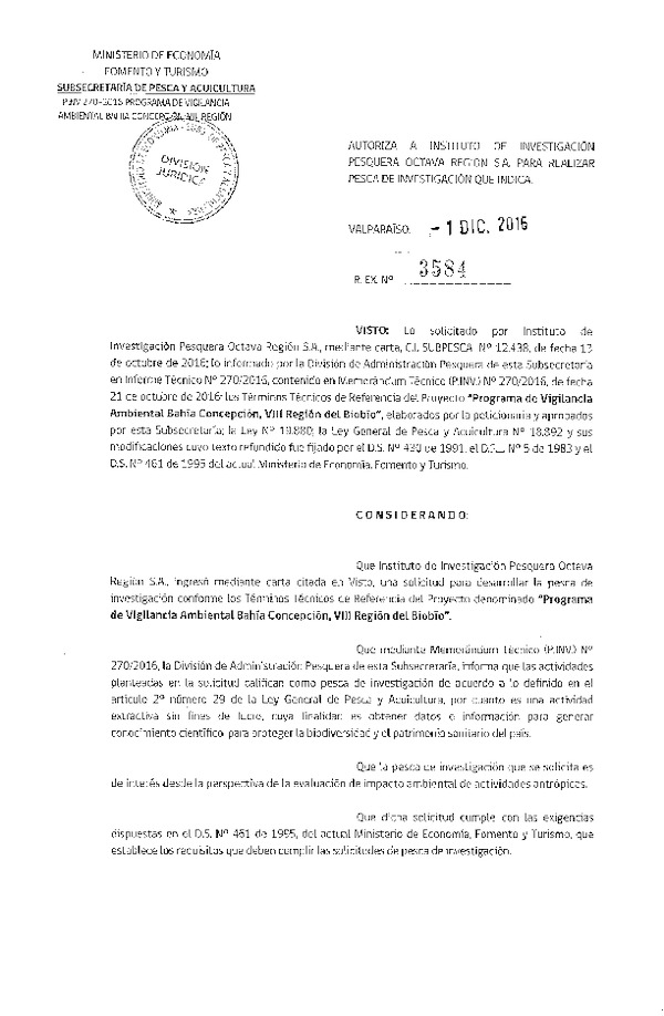 Res. Ex. N° 3584-2016 Programa de vigilancia ambiental bahía Concepción, VIII Región.