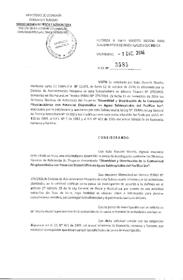 Res. Ex. N° 3585-2016 Diversidad y distribución de la comunidad fitoplanctónica.