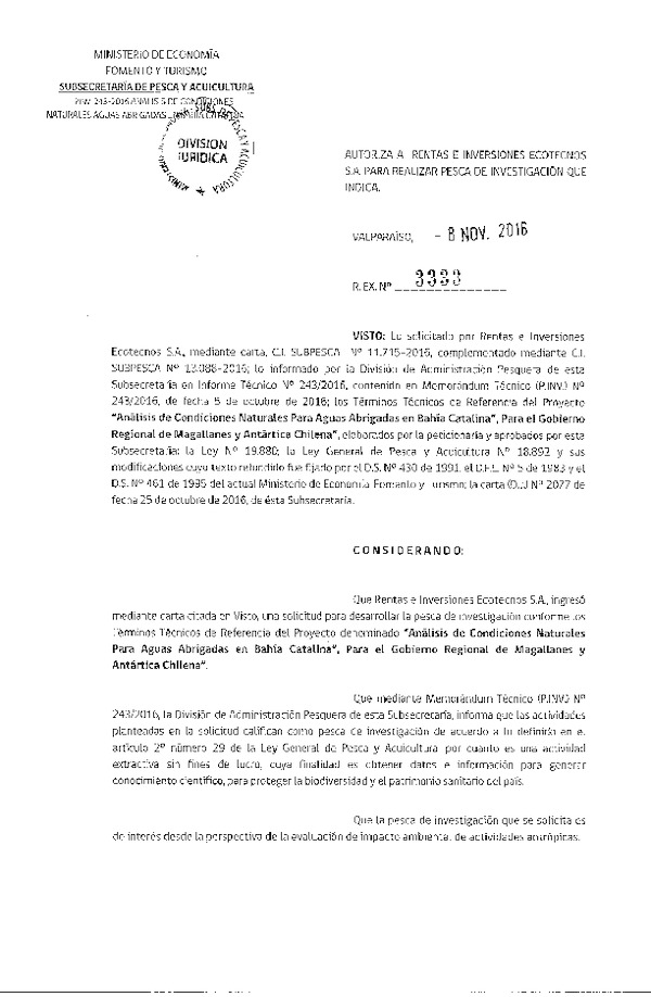 Res. Ex. N° 3333-2016 Análisis de condiciones naturales para aguas abrigadas behía Catalina.