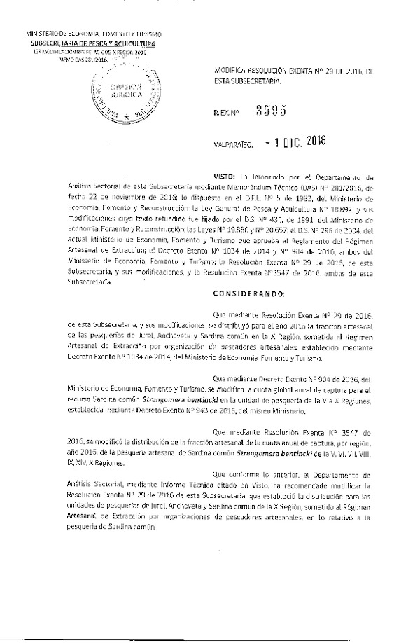 Res. Ex. N° 3595-2016 Modifica Res. Ex. N° 29-2016 Distribución de la Fracción Artesanal de Pesquería de Anchoveta, Sardina común y Jurel en la X Región. (Publicado en Página Web 02-12-2016)