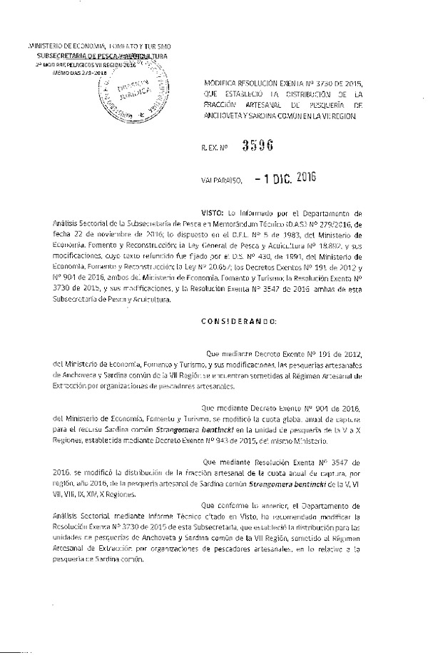 Res. Ex. N° 3596-2016 Modifica Res. Ex. N° 3730-2015 Distribución de la Fracción Artesanal de Pesquería de Anchoveta y Sardina común en la VII Región. (Publicado en Página Web 02-12-2016)