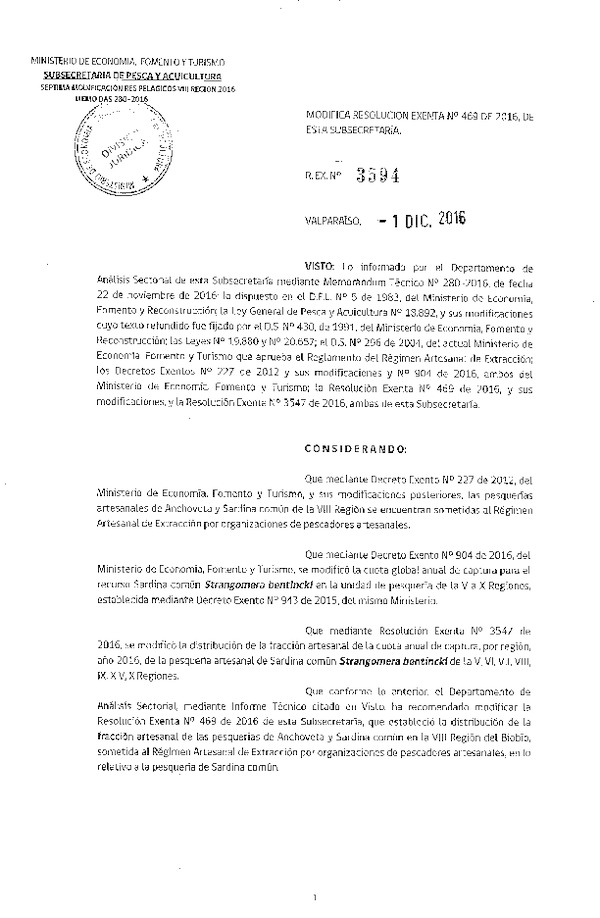 Res. Ex. N° 3594-2016 Modifica Res. Ex. N° 469-2016 Establece Distribución de la Fracción Artesanal de la Cuota Anual de Captura Anchoveta y Sardina Común, VIII Región, Año 2016. (Publicado en Página Web 02-12-2016)