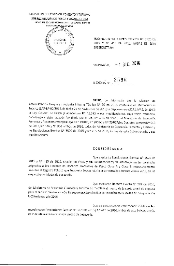 Res. Ex. N° 3598-2016 Modifica Res. Ex. N° 3520-2015 y N° 415-2016 Establece Toneladas para Titulares de Licencias Transables de Pesca, Clase A, Año 2016. (Publicado en Página Web 02-12-2016)