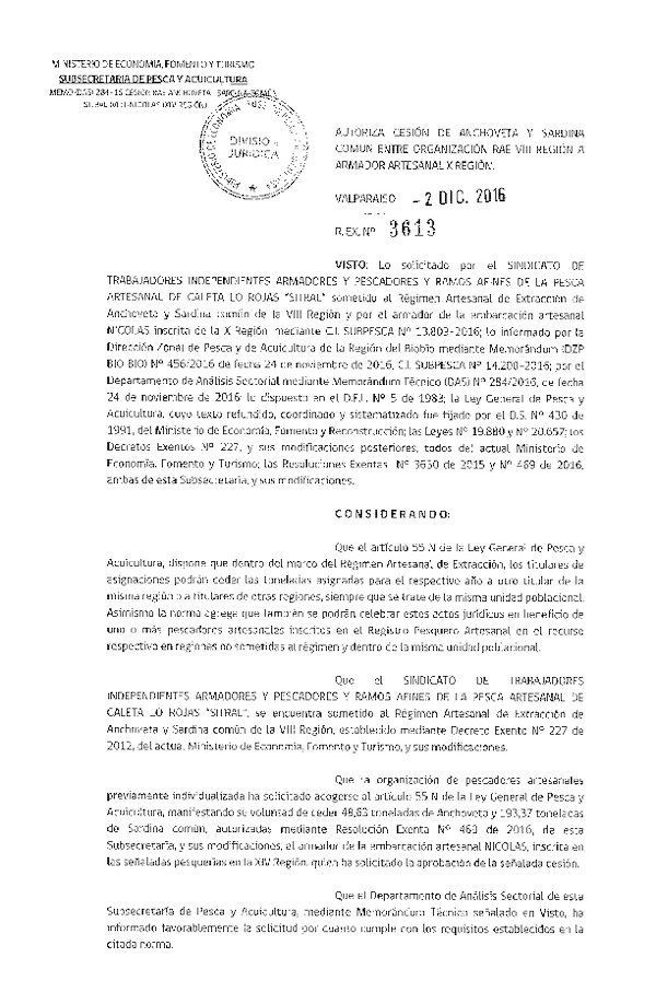 Res. Ex. N° 3613-2016 Autoriza Cesión sardina común, VIII a X Región.