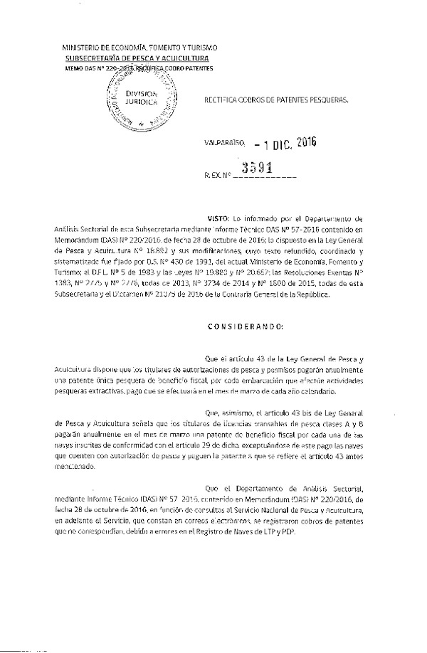 Res. Ex. N° 3591-2016 Rectifica Cobros de Patentes Pesqueras.